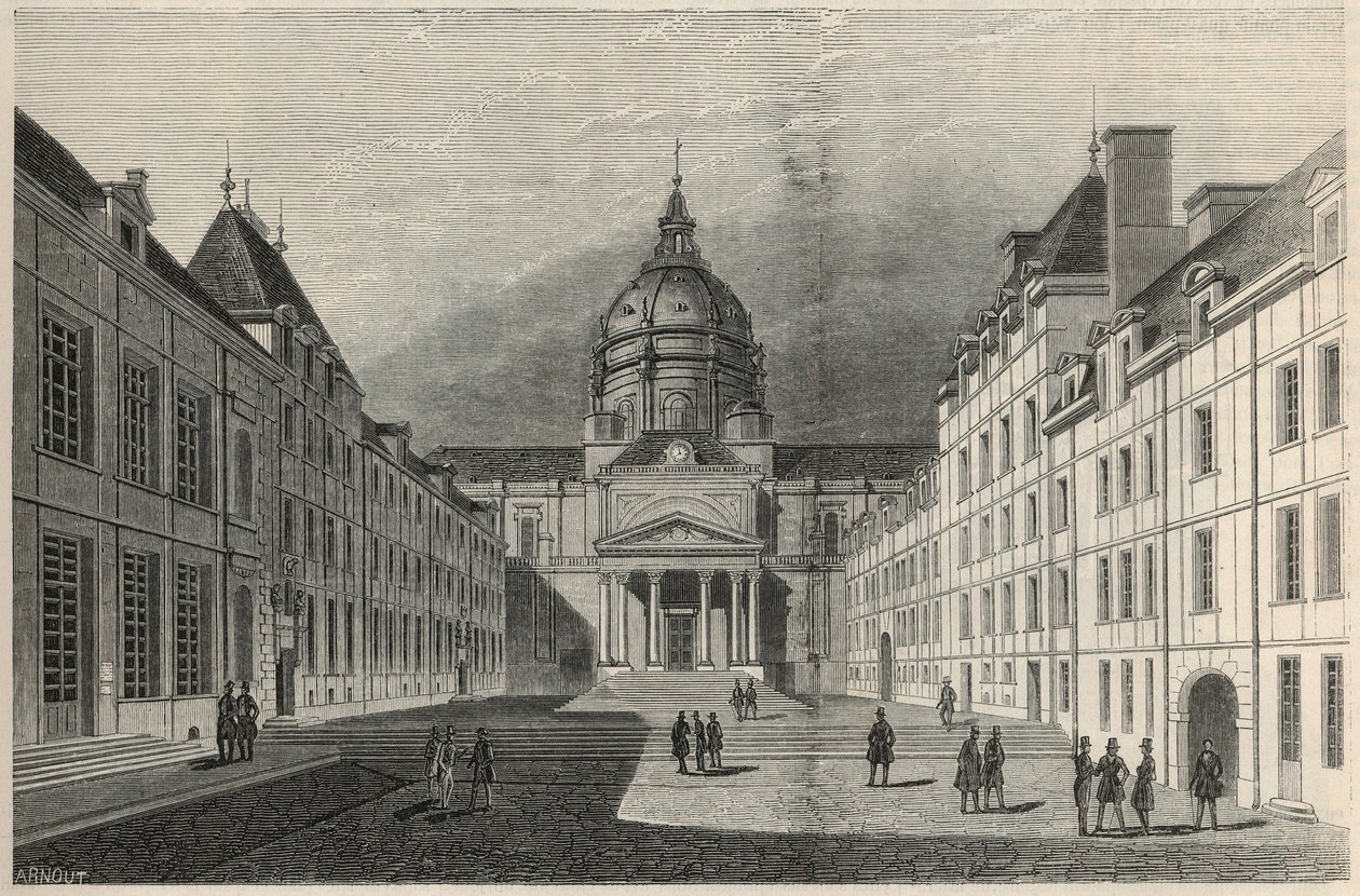 Dziedziniec Sorbony w Paryżu w XIX wieku - Grawerowanie w „Tableau-de-Paris” Edmonda Texiera 1852 autorstwa French School