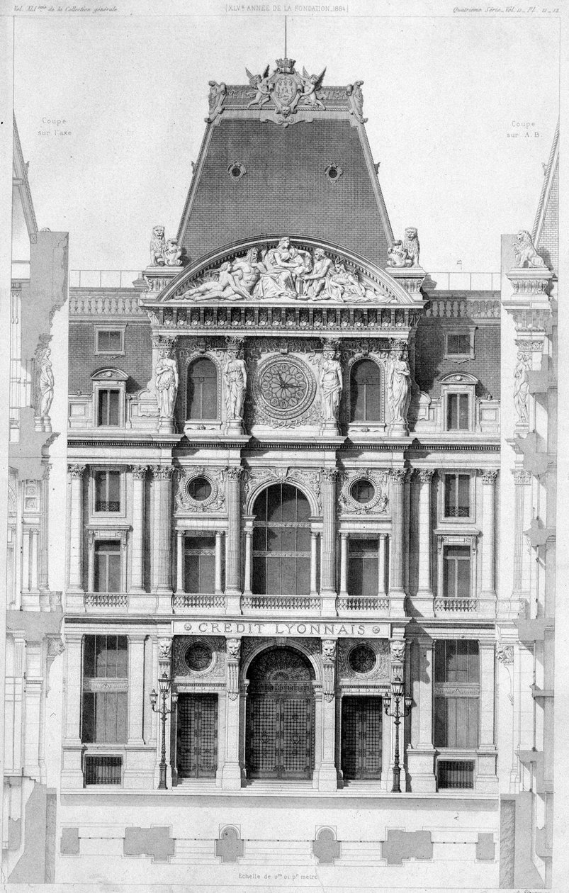 Fasada Crédit Lyonnais, bd des Italians - rycina, XX wiek autorstwa French School