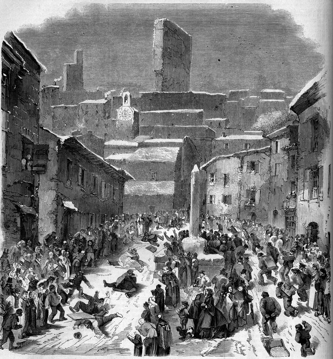Zjeżdżalnia w barriotach (sanie) w Bourdeaux, Drome (26), zima 1860. Grawer „” Le Monde Illustré” n°149 z 18 lutego 1860. autorstwa French School