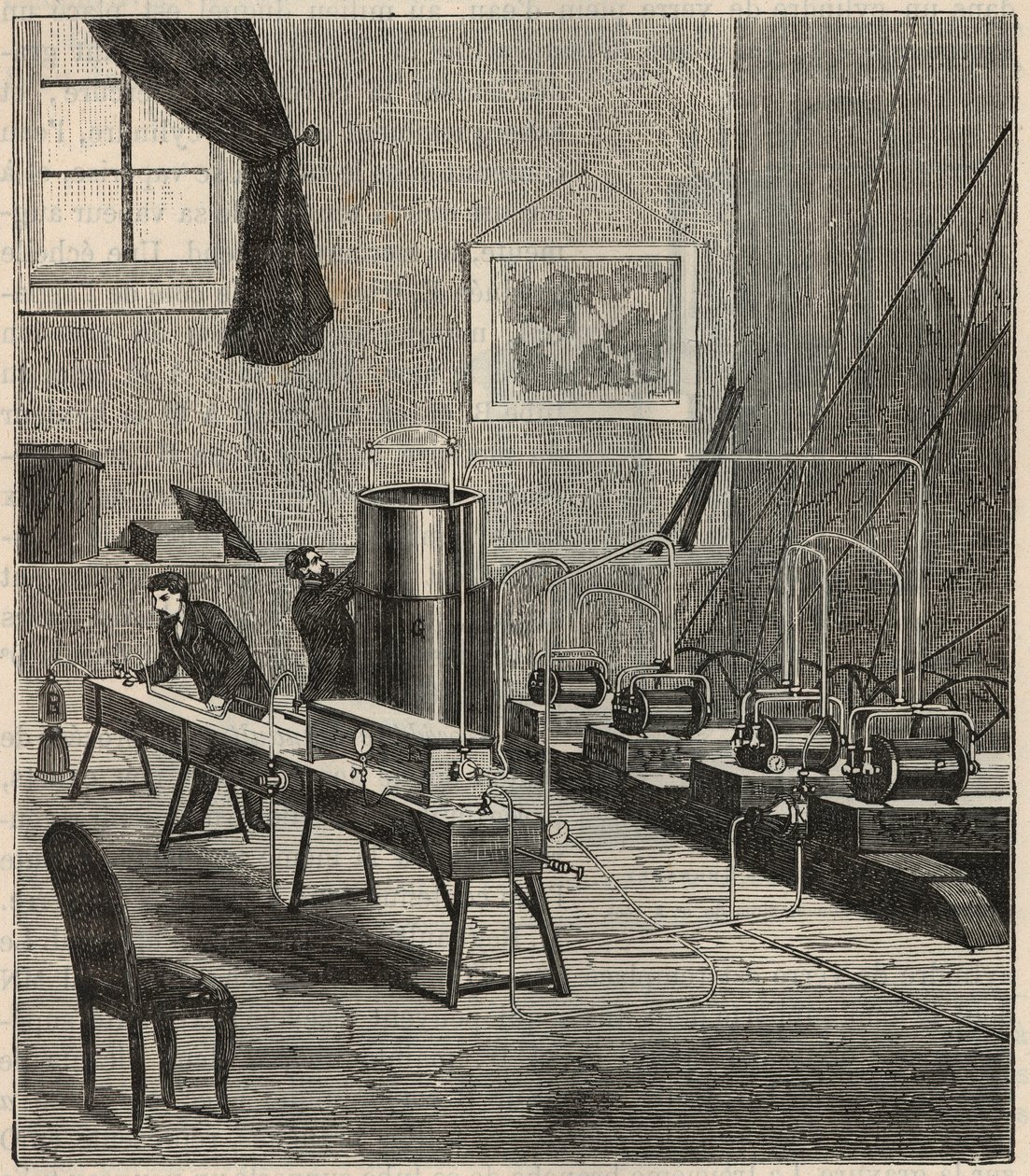La liquefaction des gaz dans le laboratoire de Raoul Pictet (1878) - Raoul Pierre Pictet (1846-1929) szwajcarski fizyk przeprowadza eksperyment w celu upłynnienia i zestalenia gazowego wodoru oraz zbadał właściwości substancji w niskich temperaturach - Gra autorstwa French School
