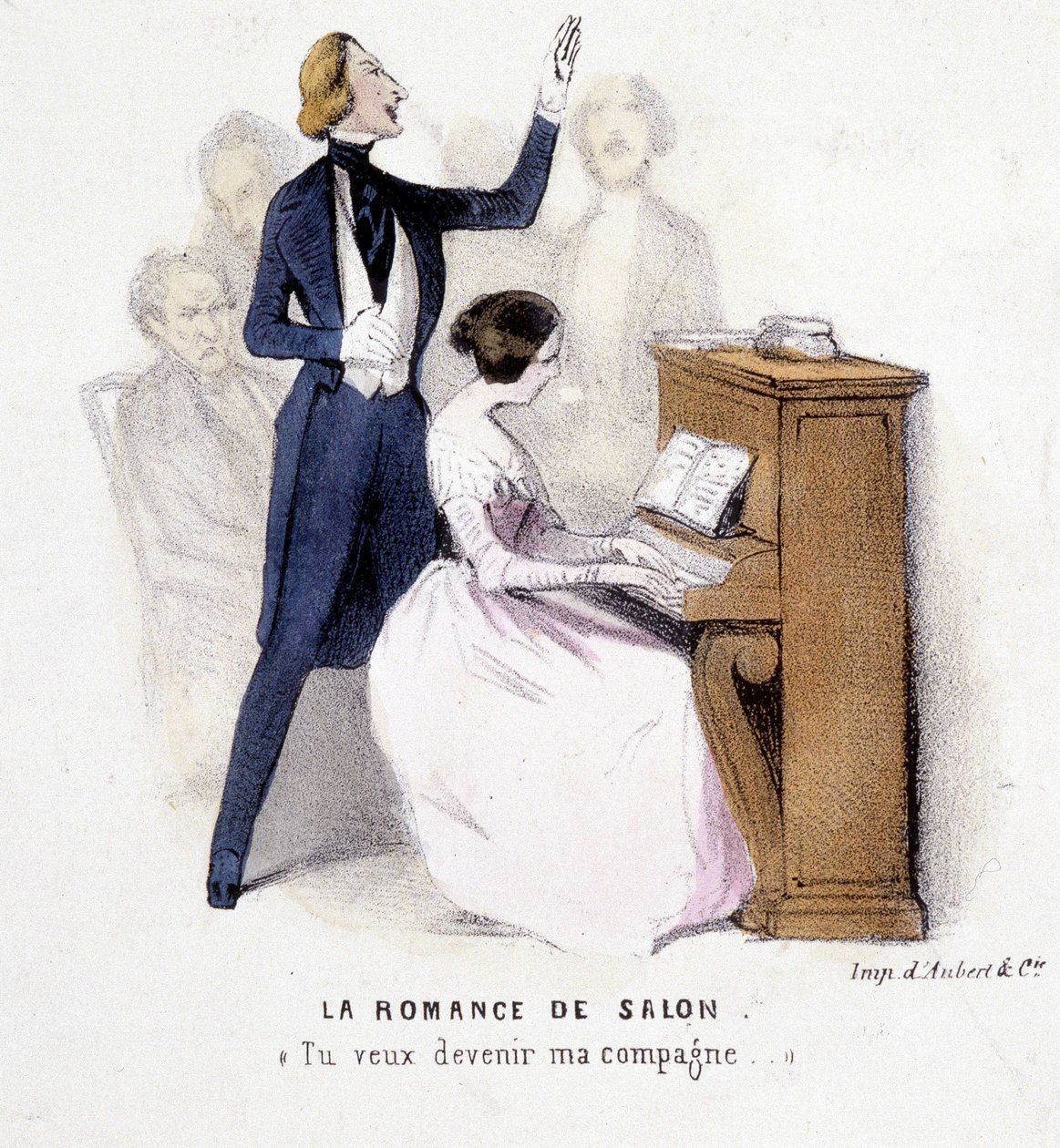 The Salon Romance: Man Singing Accompaniment at the Piano by a Woman, Lonsay, c. 1845. autorstwa French School