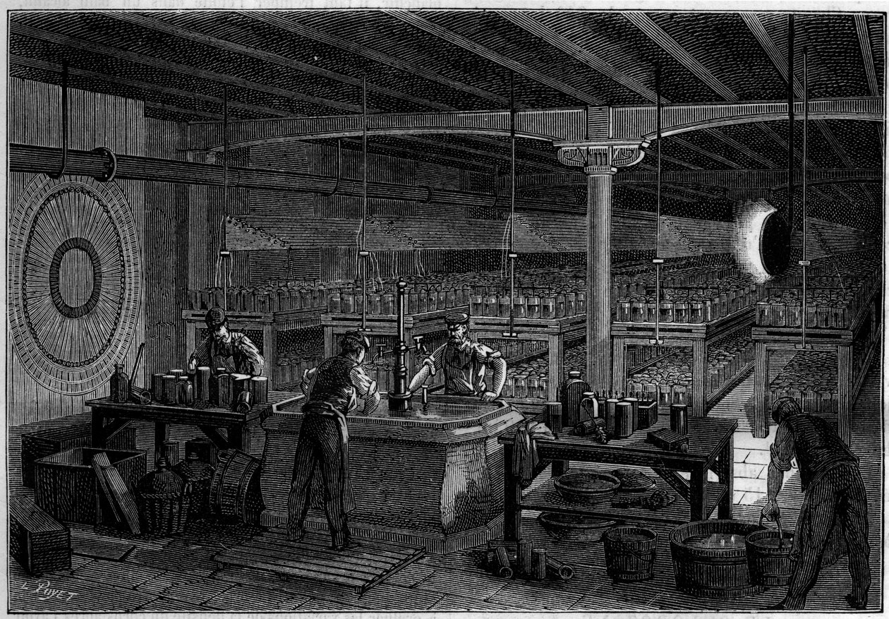 Akumulatorownia (powierzchnia 400 metrów kwadratowych) centrali telegrafów w Paryżu. w naturze. Przegląd nauki i jej zastosowań w sztuce i przemyśle. 1884. autorstwa French School