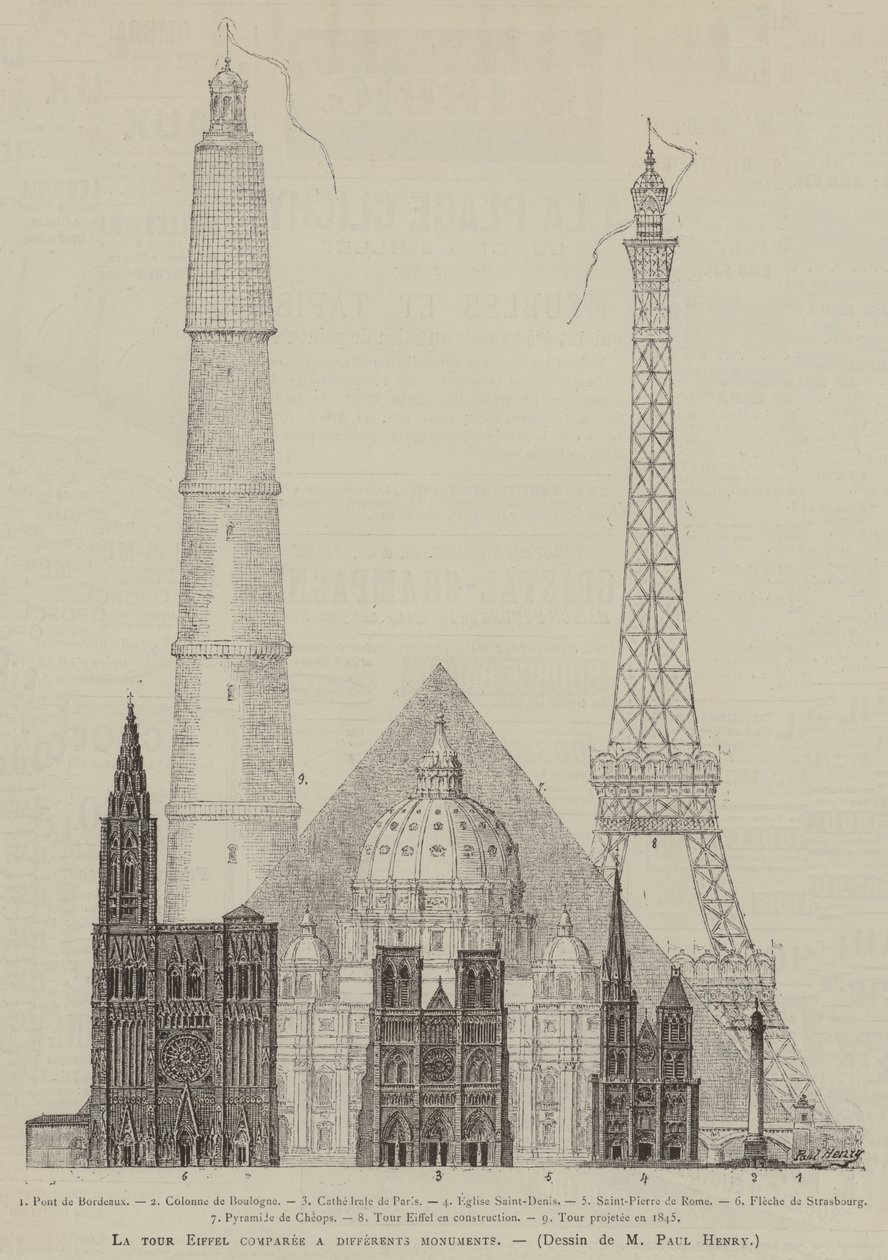 La tour Eiffel w porównaniu z różnymi zabytkami (rycina) autorstwa French School