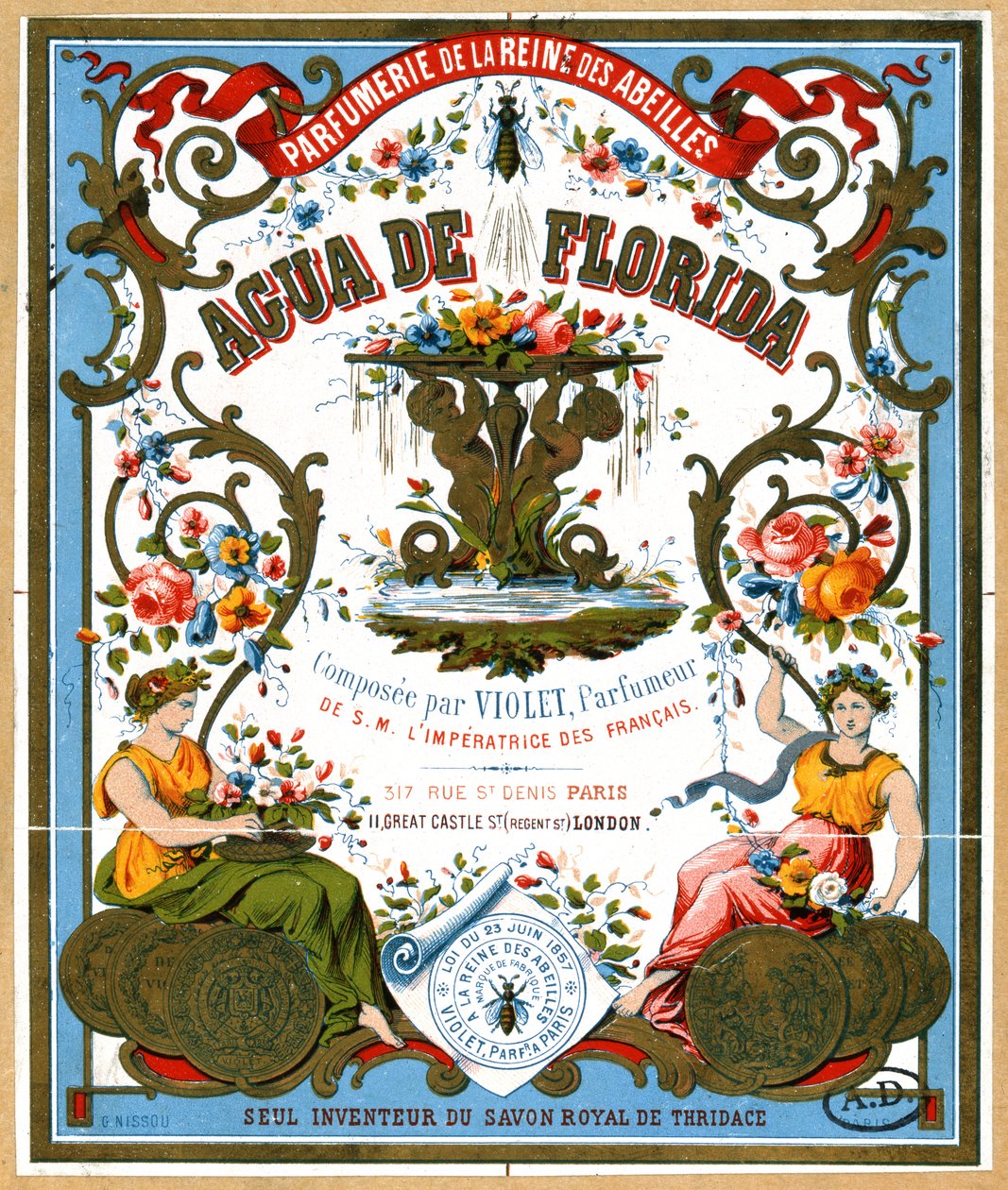 Etykieta reklamująca perfumy Aqua de Florida z perfumerii La Reine des Abeilles, Paryż, 2. poł. XIX w. autorstwa French School