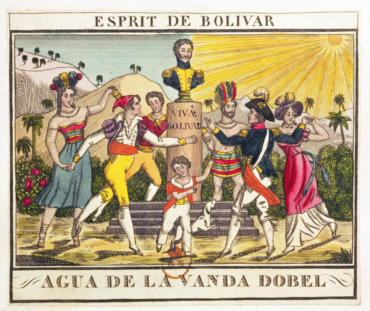 Etykieta na Wodę Lawendową przywołującą ducha Bolivara, ok.1830 (kolorowy grawer) autorstwa French School