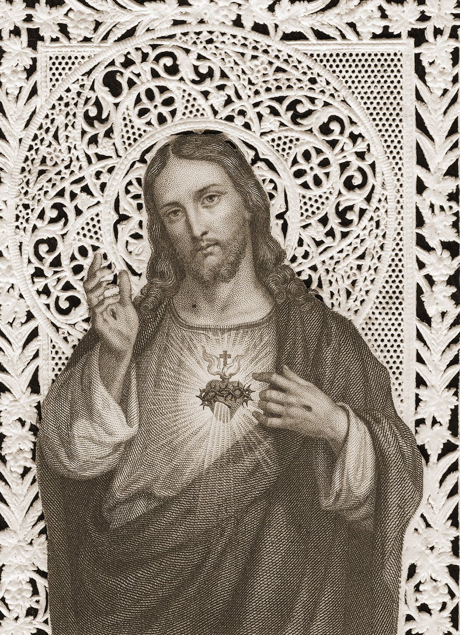 Koronkowa karta przedstawiająca Najświętsze Serce Jezusa, XIX w. (bw litho) autorstwa French School