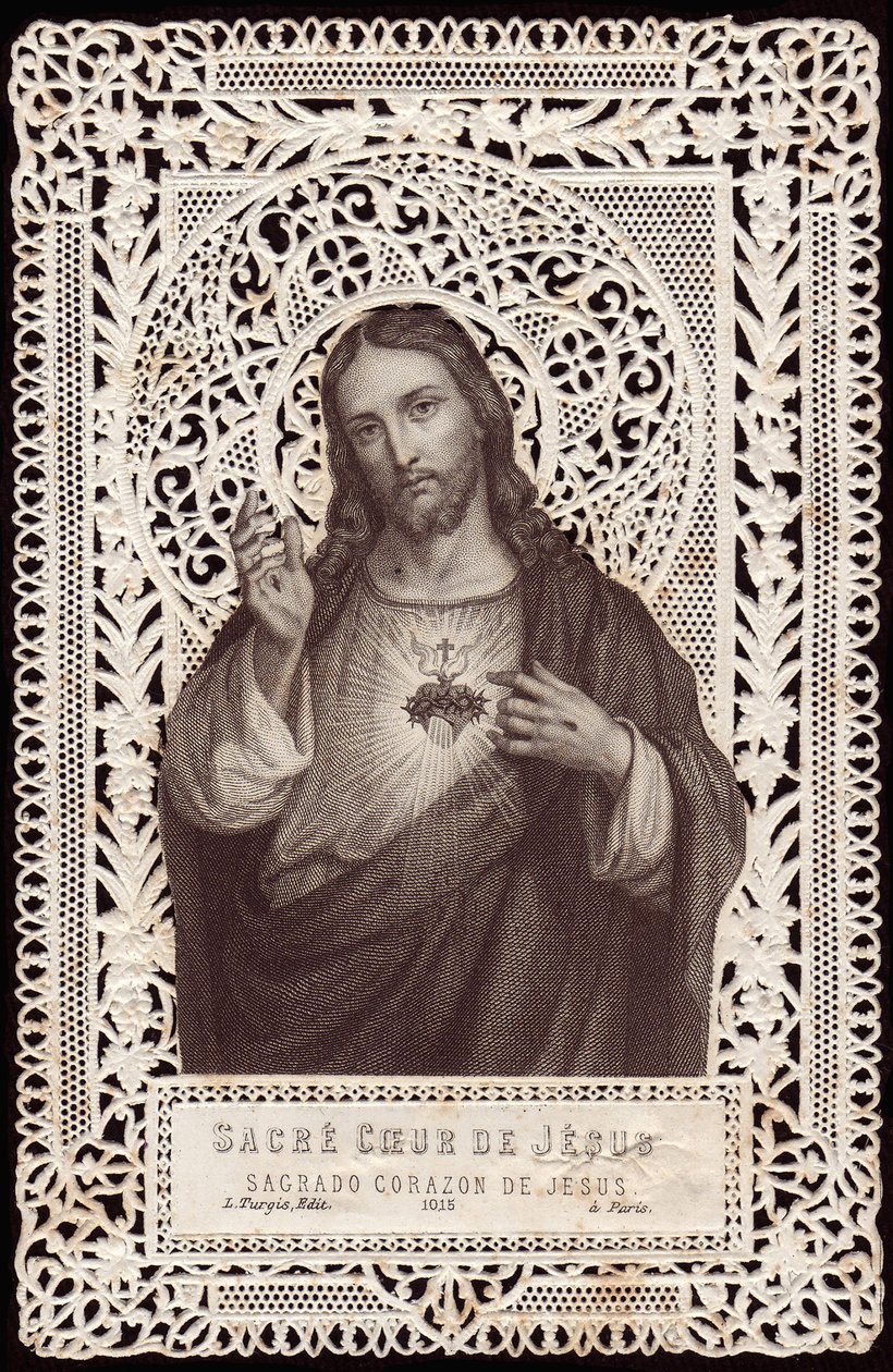 Koronkowa karta przedstawiająca Najświętsze Serce Jezusa, XIX w. (bw litho) autorstwa French School