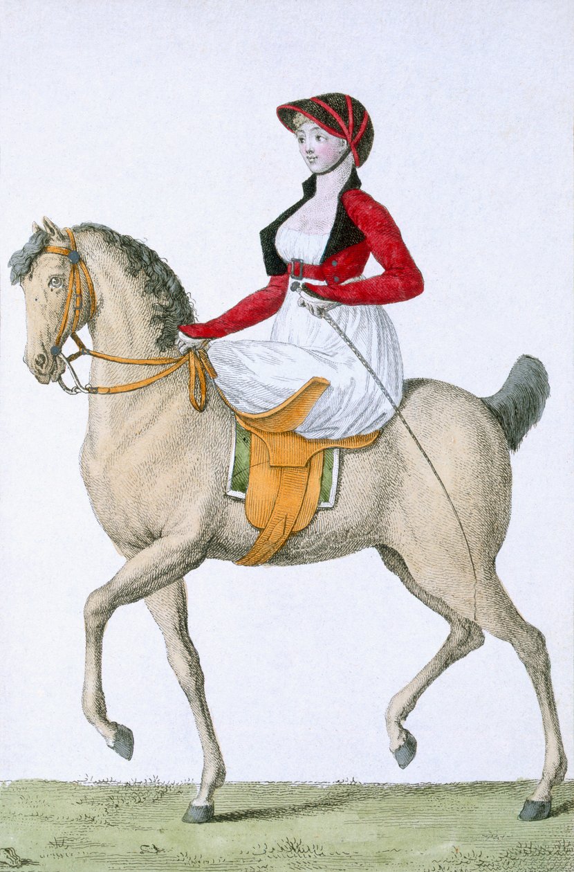 Dama na siodle, z Costumes Parisien, opublikowana w Journal des Dames et des Modes, 1798 autorstwa French School