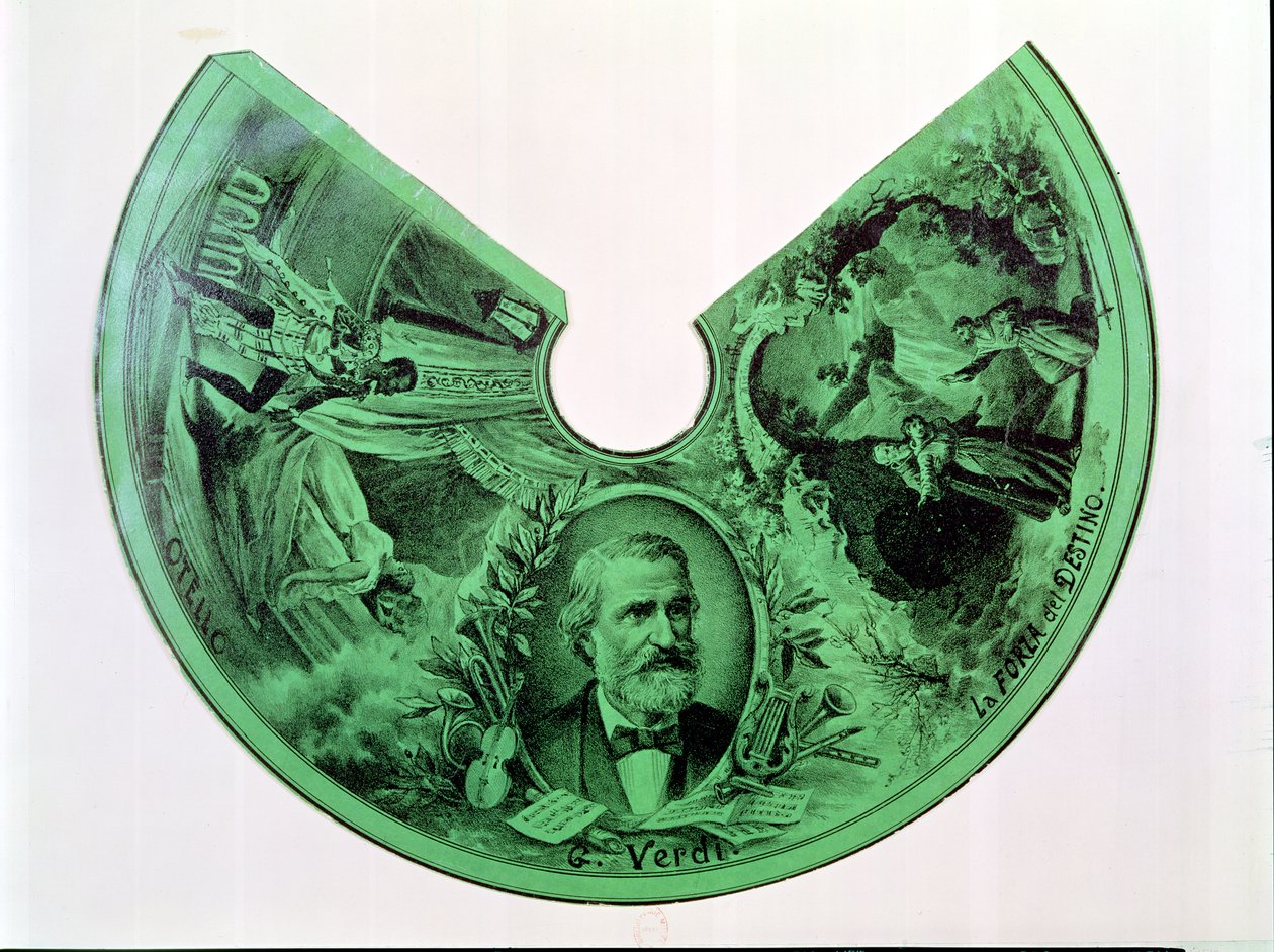 Abażur ozdobiony portretem Giuseppe Verdiego (1813-1901) oraz scenami z Otella i Mocy przeznaczenia (rycina na papierze) autorstwa French School