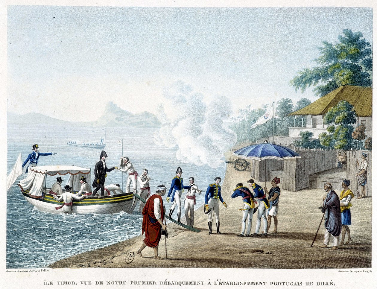 Lądowanie w portugalskiej osadzie Dillé na wyspie Timor. autorstwa French School