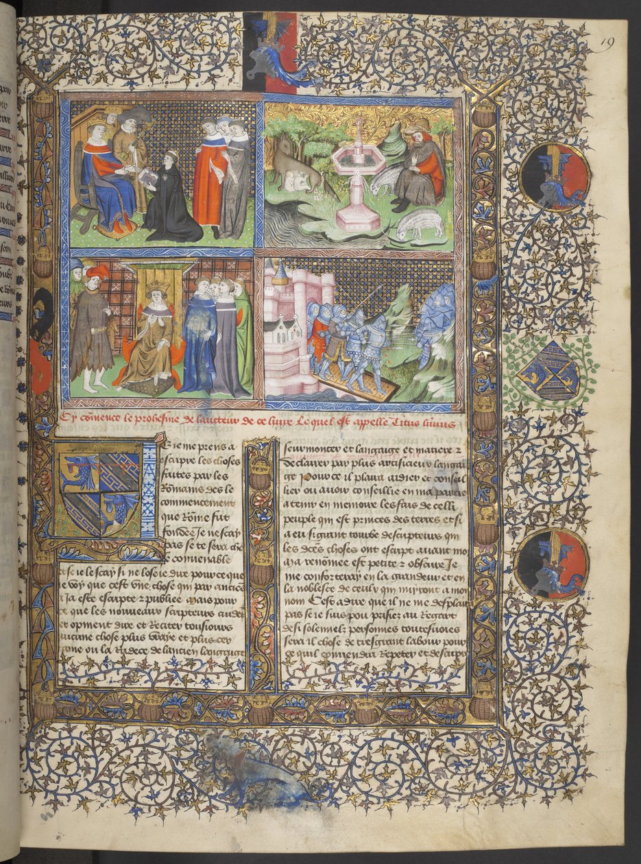 Lansdowne 1178 fa. 19 Miniatur, w tym detal rycerzy w hełmach z przyłbicami na moście zwodzonym broniących miasta przed atakiem rycerzy z włóczniami, ok. 1415-20 (welum) autorstwa French School