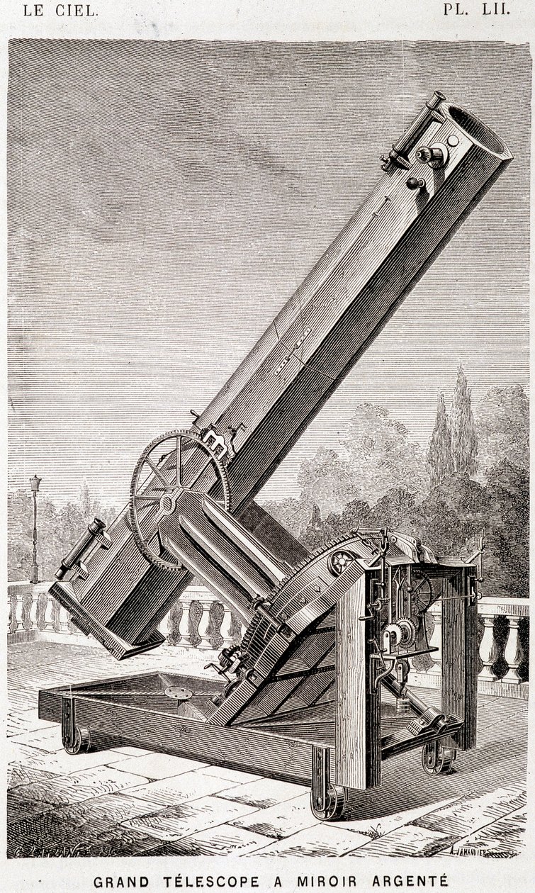 Duży teleskop ze srebrnym zwierciadłem (system Léona Foucaulta), zamontowany równikowo dla Obserwatorium Marsylskiego - w „Le Ciel” Amédée Guillemin, Hachette, Paryż autorstwa French School