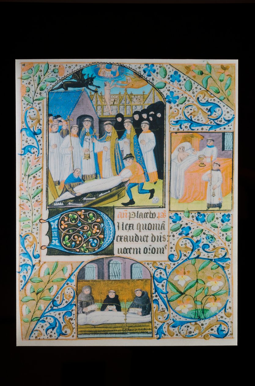 Ostatnie obrzędy - Oficjum zmarłych - Pogrzeb, pergaminowa strona z księgi godzin, północna Francja, ok. 1480 r. (rękopis) autorstwa French School