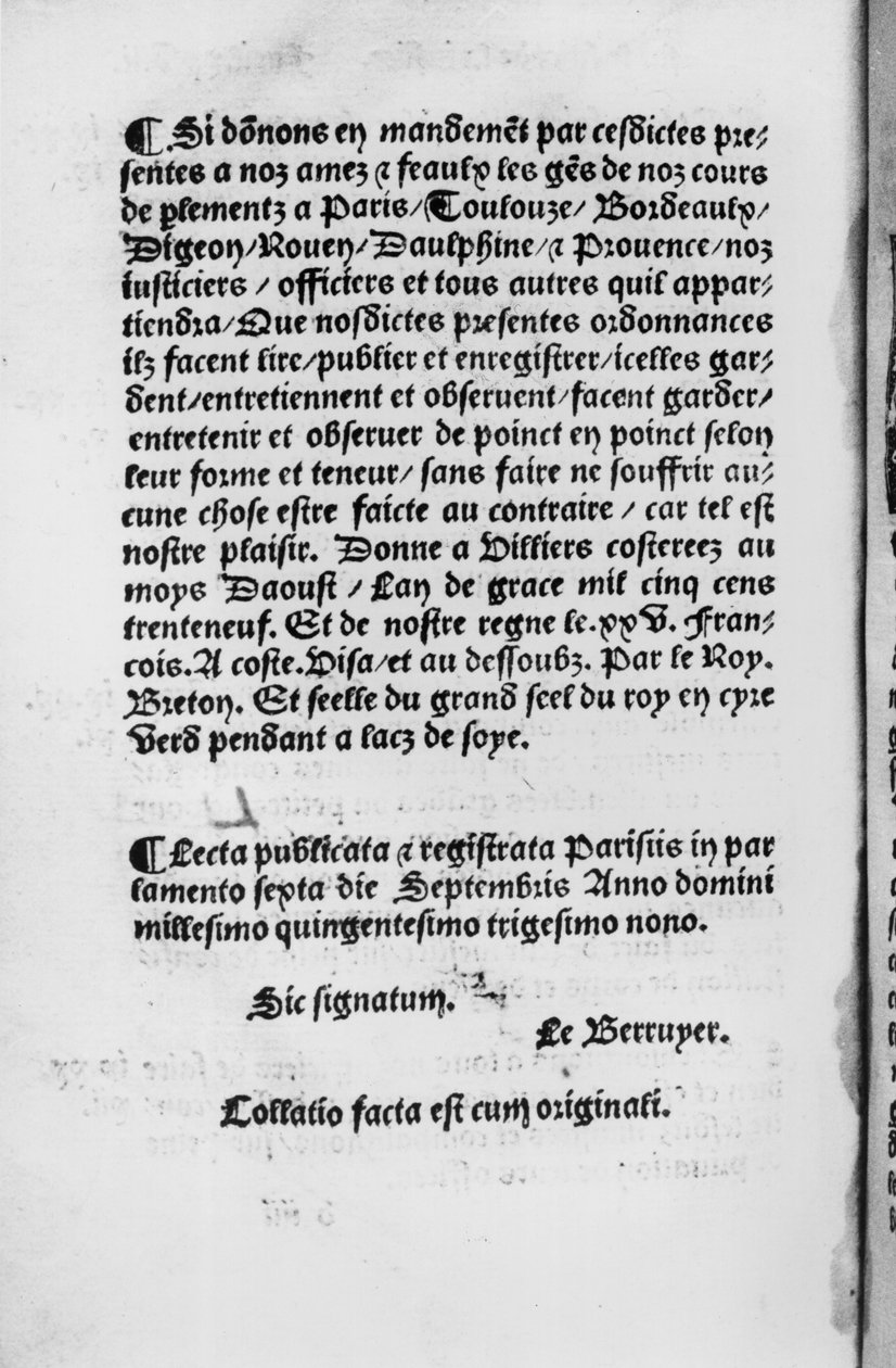 Ostatnia strona rozporządzenia Villers-Cotterets, 1539 (papier drukowany) autorstwa French School