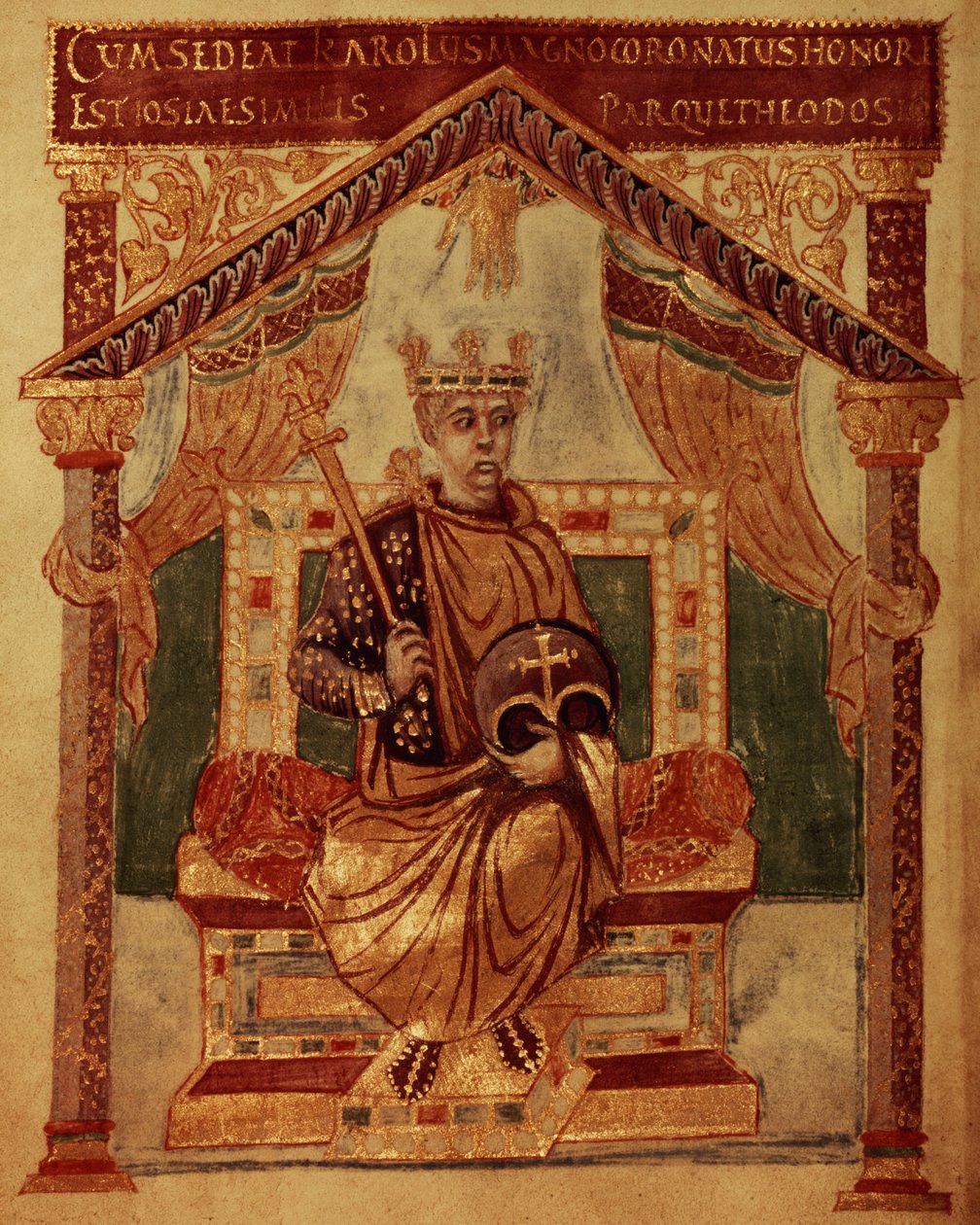 Lat 1152 f.3v Karol Wielki (Carolus Magnus, Charles the Great) (747-814) Król Franków i chrześcijański cesarz Zachodu, z Psałterza Karola Śmiałego autorstwa French School