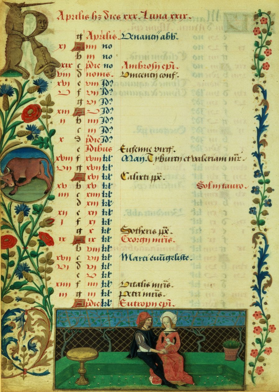 Lat 1173 f.2v kwiecień; Dwoje kochanków siedzących na zewnątrz, Robinet Testard, z Godzin Karola z Angouleme autorstwa French School