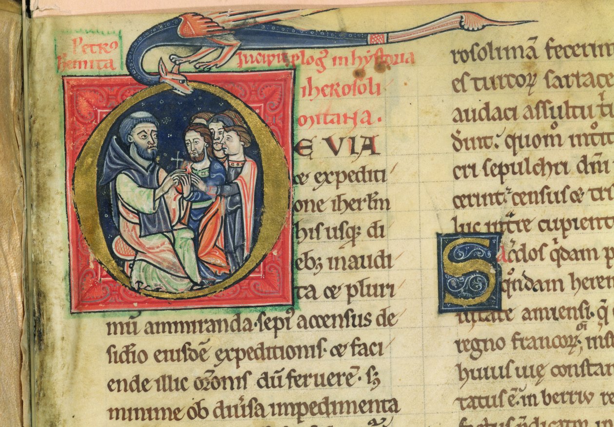 Lat 5128 f.1 Piotr Pustelnik rozdaje krzyże, z "Historii Jerozolimy..." mnicha Roberta (pergamin) autorstwa French School