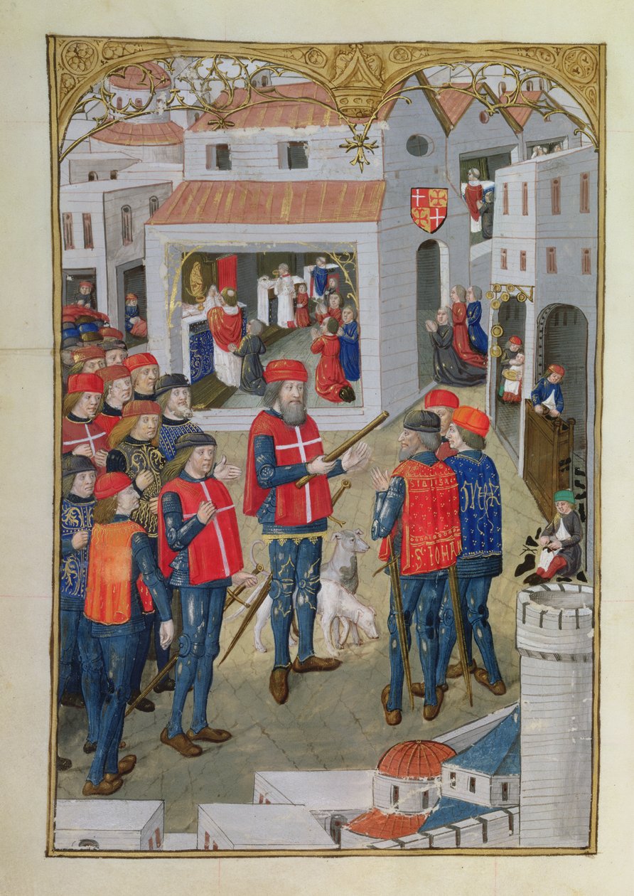 Lat 6067 fol.33v Rycerze św. Jana z Jerozolimy przygotowują się do obrony Rodos, z Historii oblężenia Rodos, Guillaume Caoursin, 1483 autorstwa French School