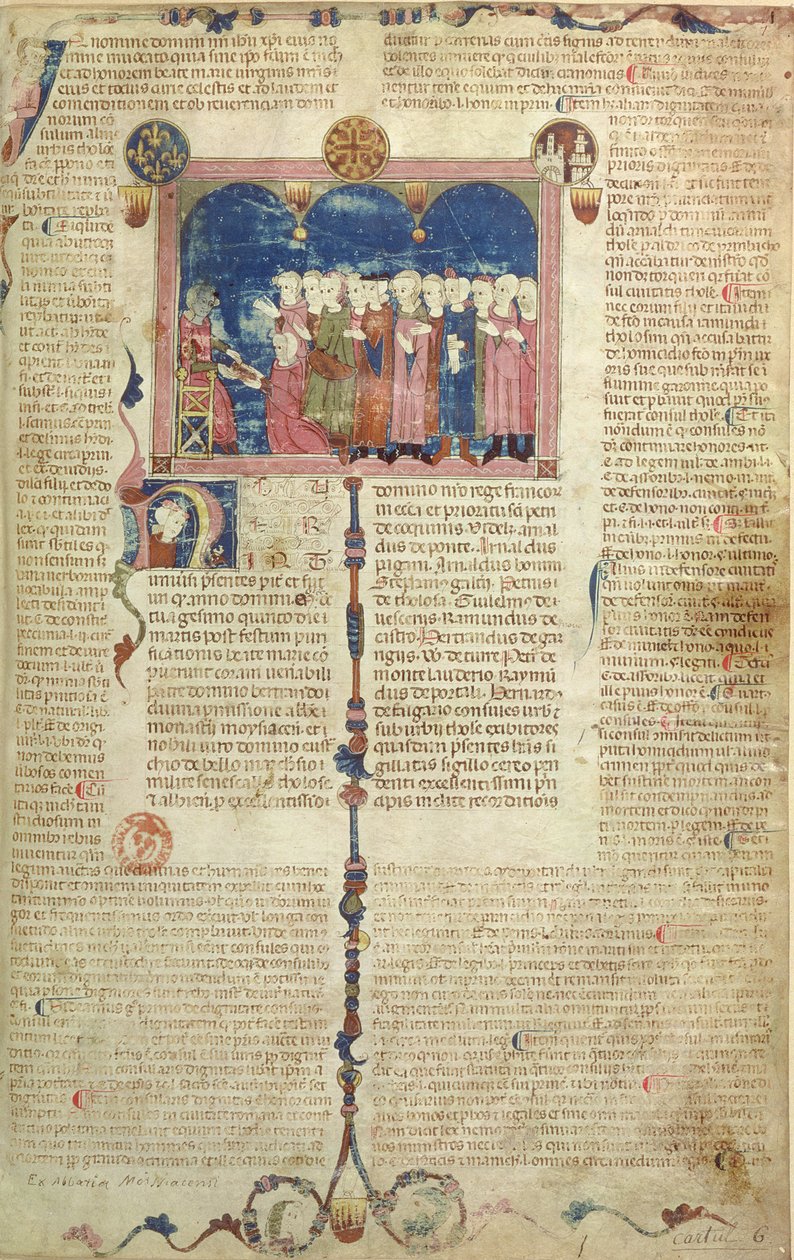 Lat 9187 f.1 Autor prezentujący książkę, z Coutumes de Toulouse, 1296 autorstwa French School