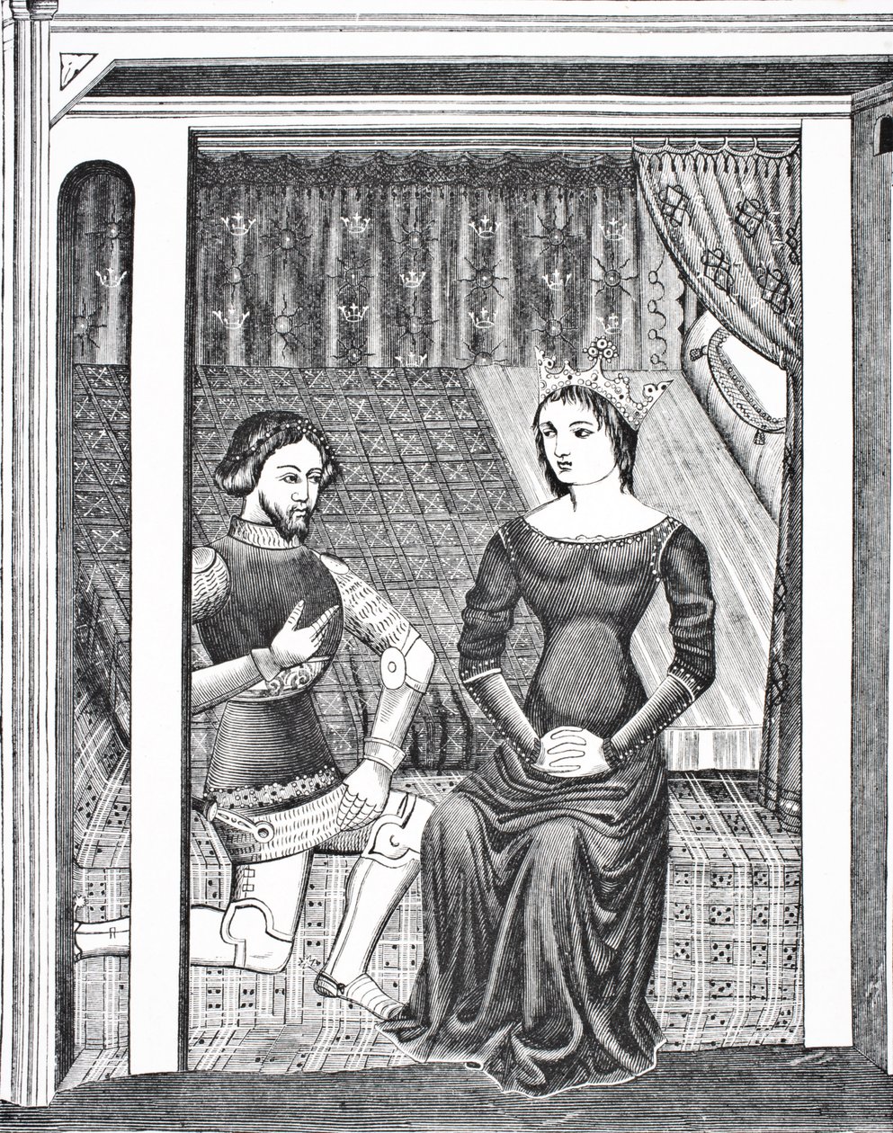 Launcelot i Ginewra, według miniatury z XIV-wiecznego rękopisu, z książki Science and Literature in The Middle Ages wydawnictwa Paul Lacroix. Londyn 1878 autorstwa French School