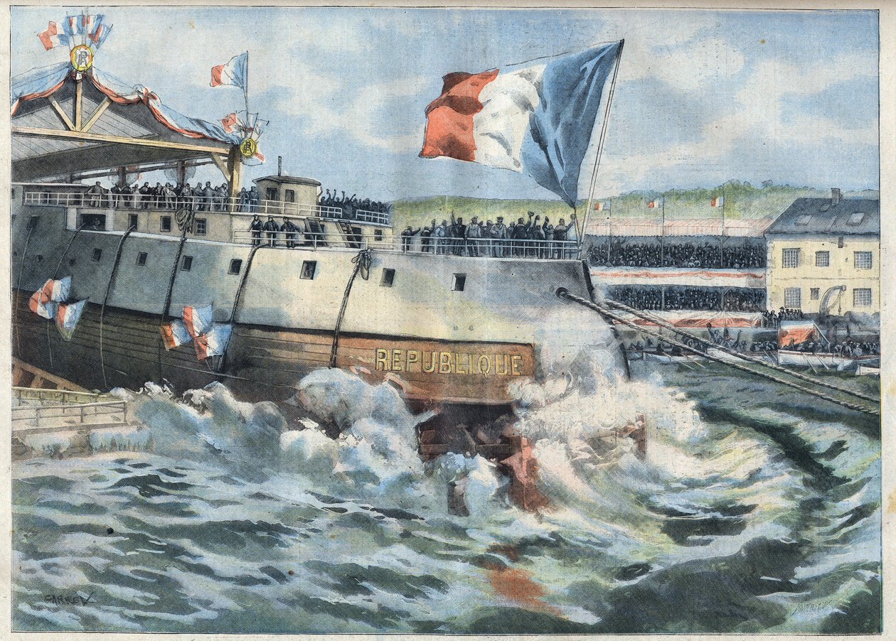Uruchomienie Cuirasse „Republique” w Breście we Francji. Grawer w „”Le Petro Parisien”” autorstwa French School