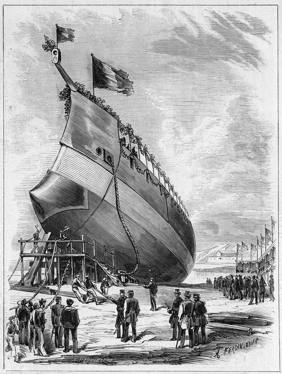 Wodowanie pancernika „La Galissonniere””, 7 maja 1872 r. w porcie Brest, Finistere (29). Grawer w „” Le Monde Illustré”” nr 789 z 25 maja 1872 r. autorstwa French School