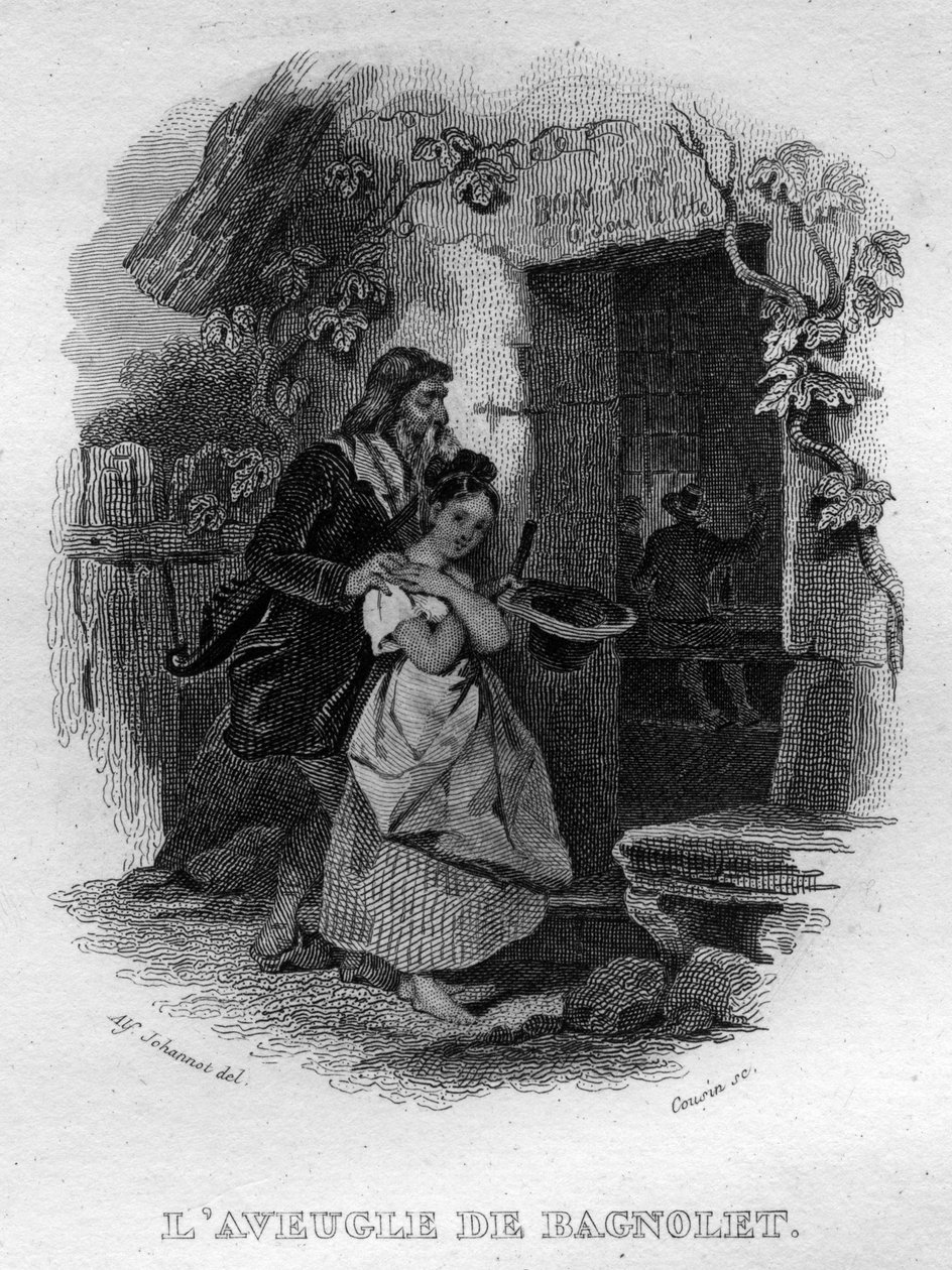 Niewidomy z Bagnolet Chanson de Beranger w „”Oeuvres kończy”” (1834) Pierre’a Jeana de Beranger (1780-1857), francuskiego poety i autora piosenek. autorstwa French School