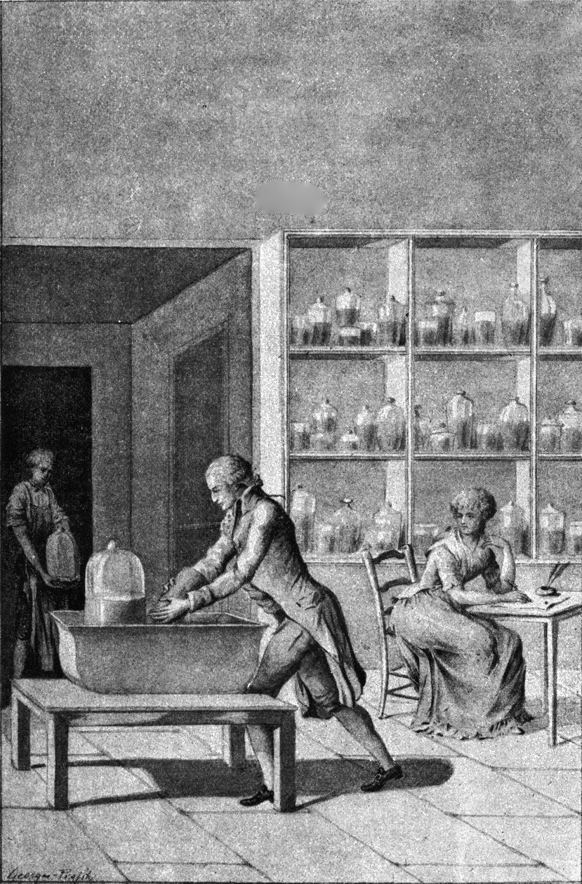 Lavoisier w swoim laboratorium w Arsenale, demonstrujący eksperyment dotyczący oddychania, XVIII wiek autorstwa French School