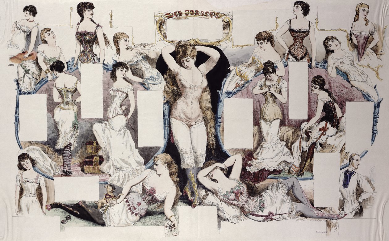 Ilustracje układu do artykułu o bieliźnie damskiej, z La Vie Parisienne, ok. 1870 autorstwa French School