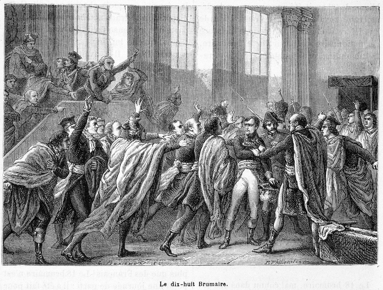 18 Brumaire rok 8: Zamach stanu Napoleona w Saint-Cloud w Conseil des Cinq-Cents (pięćset) (pokój 500) - w „La France Populaire”” autorstwa French School