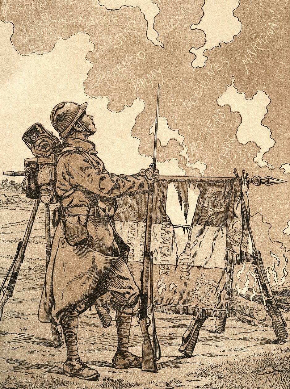 Le Bleuet. Symbol pamięci i solidarności we Francji, dla weteranów i ofiar pierwszej wojny światowej. Francuska ilustracja propagandowa z I wojny światowej, przywołująca francuskie zwycięstwa na przestrzeni wieków. Z Agenda Buvard du Bon Marche opublikowan autorstwa French School