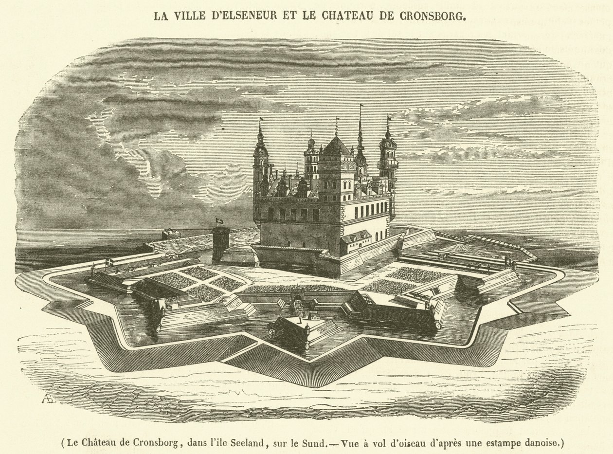 Zamek Cronsborg, na wyspie Seeland, nad Sundem, widok z lotu ptaka (rycina) autorstwa French School