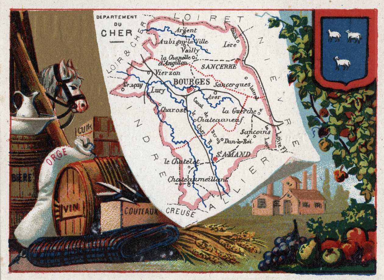 Le Cher (18), Centrum, Francja. Seria o francuskich departamentach. Piwo, jęczmień, skóry, wino i noże. Chromolitografia (Chromo) „”nić geograficzna””, ok. 1920 r. Zbiory prywatne. autorstwa French School