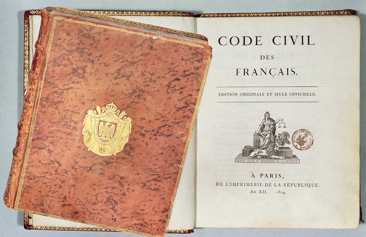 Le Code Civil des Francais, ukazujący oprawę i stronę tytułową, pierwsze wydanie wyd. 1804 autorstwa French School