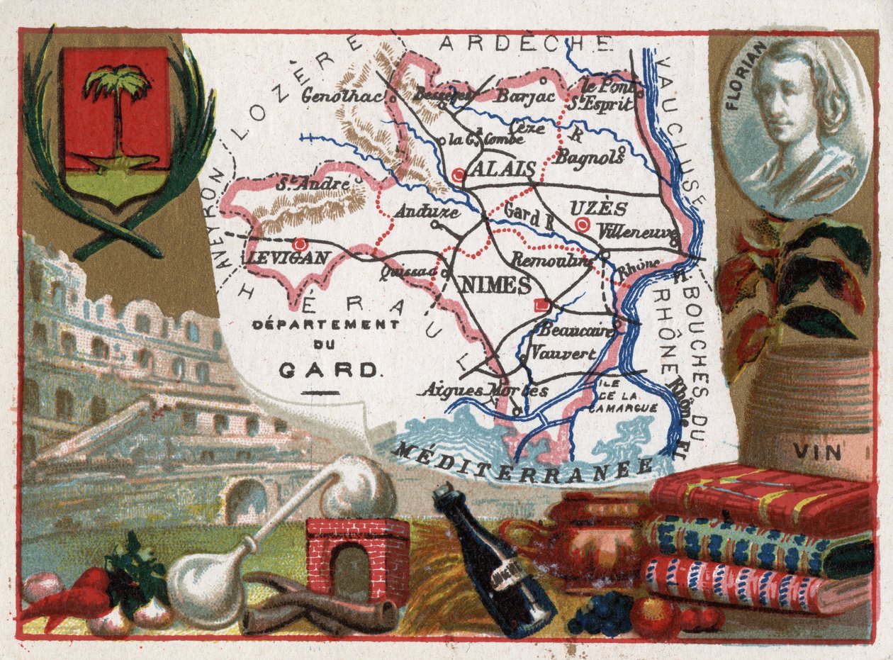 Le Gard (30), Langwedocja-Roussillon (Languedoc Roussillon), Francja - Lokalna specjalność: eau de vie (aparat destylacyjny) i wino - Portret Jean-Pierre-Clarisa (Jean Pierre Claris) de Florian (1755-1794) - Serie na departamentach francuskich - Chromoli autorstwa French School