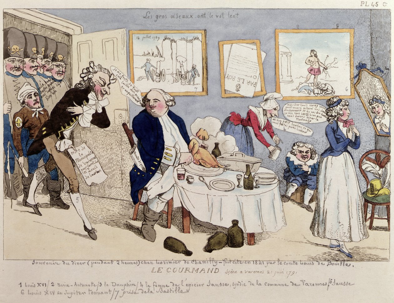 Le Gourmand, karykatura Ludwika XVI (1754-93) i francuskiej rodziny królewskiej w chwili ich aresztowania w Varennes 21 czerwca 1791 autorstwa French School