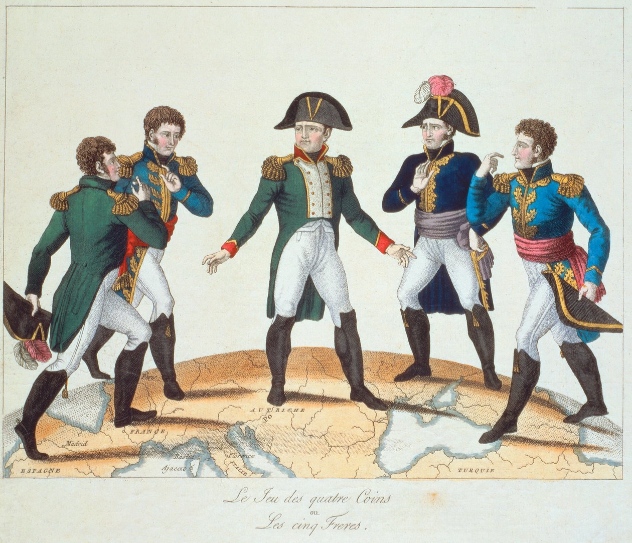 Gra Czterech Monet lub Pięciu Braci, rysunek bonapartystowski przedstawiający Napoleona i jego braci, 1808 autorstwa French School
