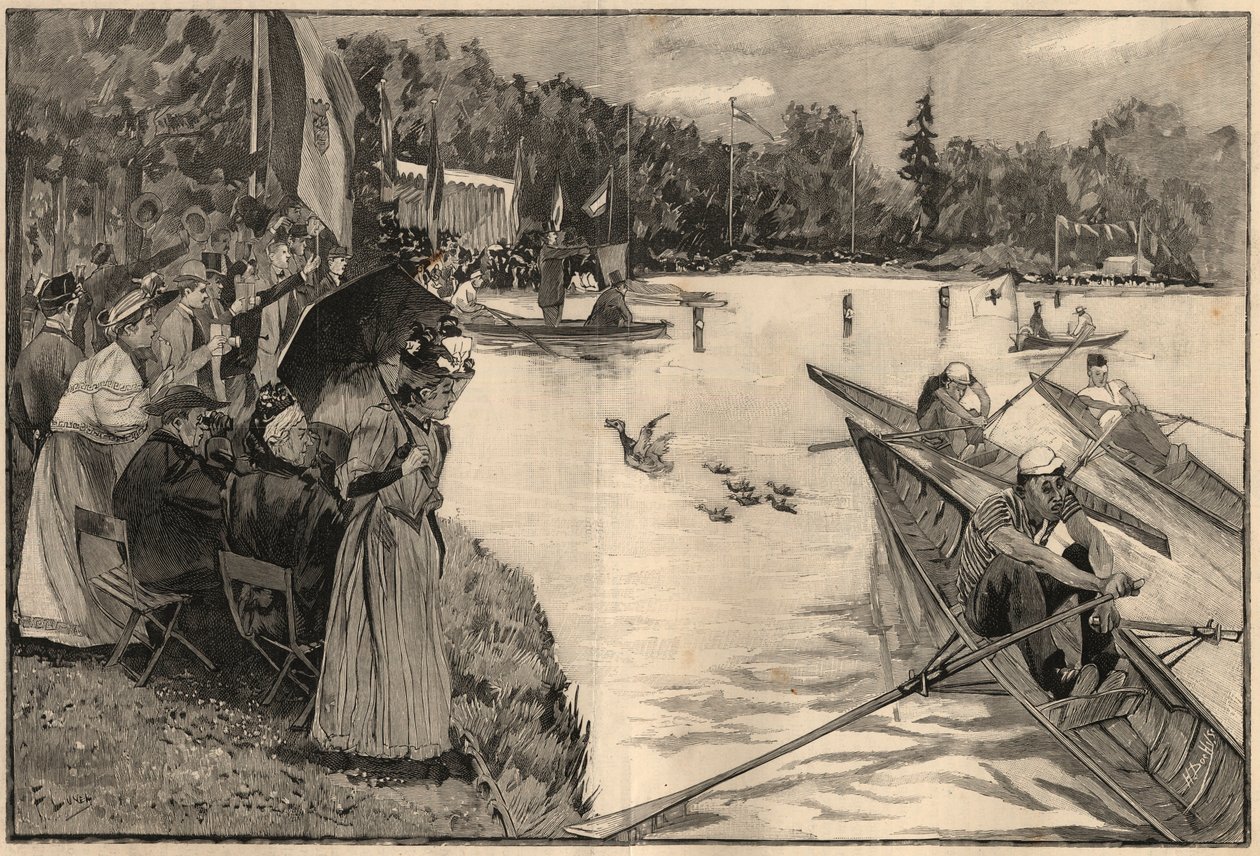 Le Lendit de Paris: Regaty szkolne w Grand lac du Bois de Boulogne - Grawerowanie z 1894 roku według rysunku pana Lunela autorstwa French School