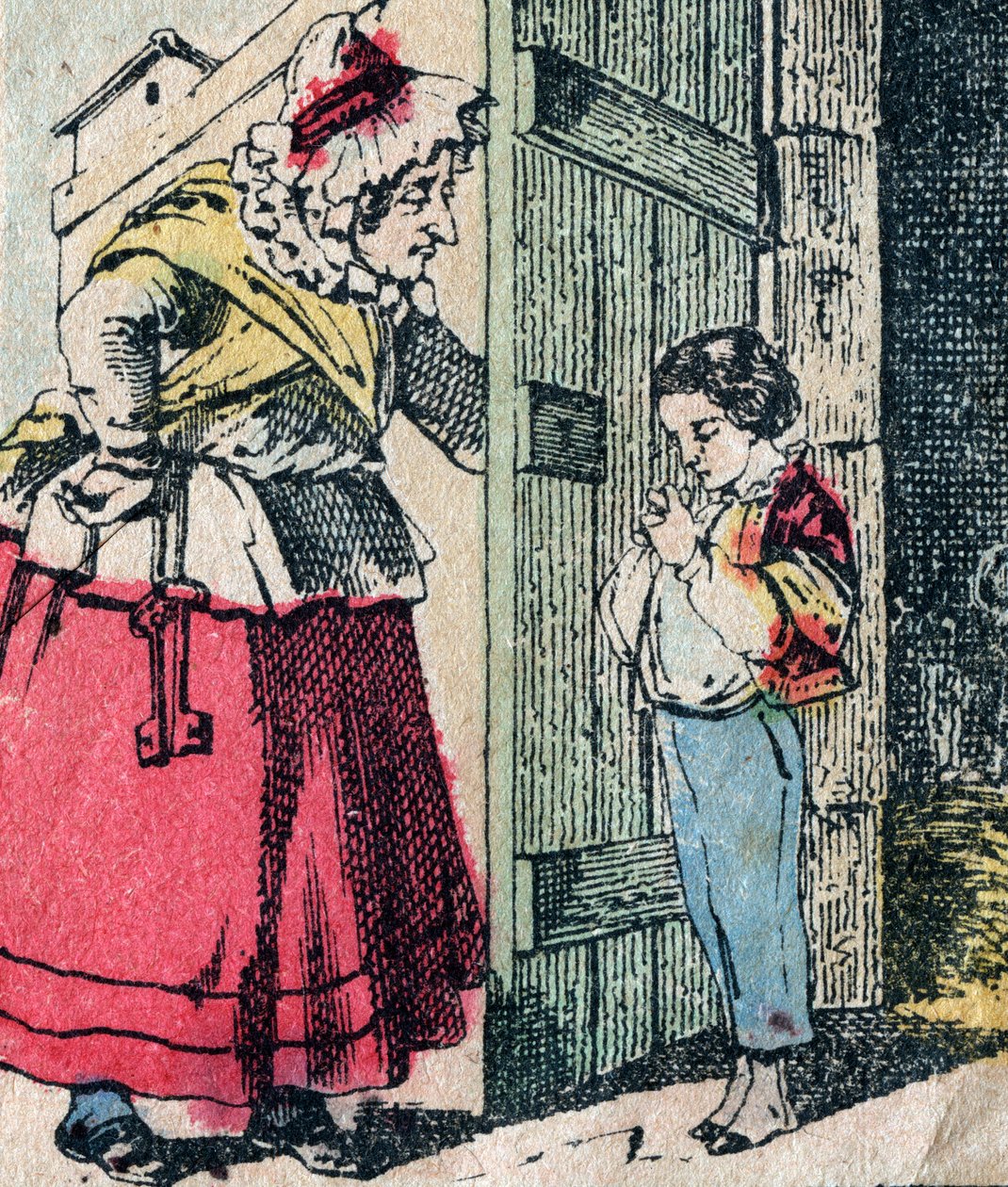 Le Pere Fouettard, francuska postać ojca do bicia, legendarna postać folkloru karząca niegrzeczne dzieci: jego żona, La Mere Fouettard matka do bicia, która rodzi żałujące dzieci - zdjęcie Epinal autorstwa French School