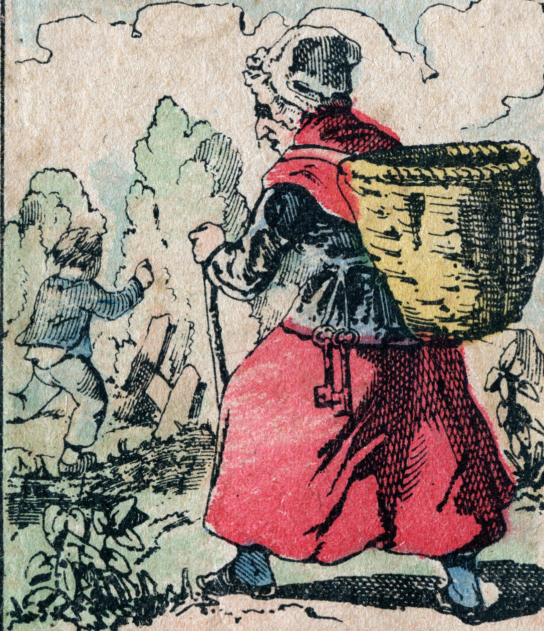 Le Pere Fouettard, francuska postać ojca do bicia, legendarna postać folkloru karząca niegrzeczne dzieci: jego żona, La Mere Fouettard, matka do bicia, która goni dzieci opuszczające szkołę - zdjęcie Epinal autorstwa French School