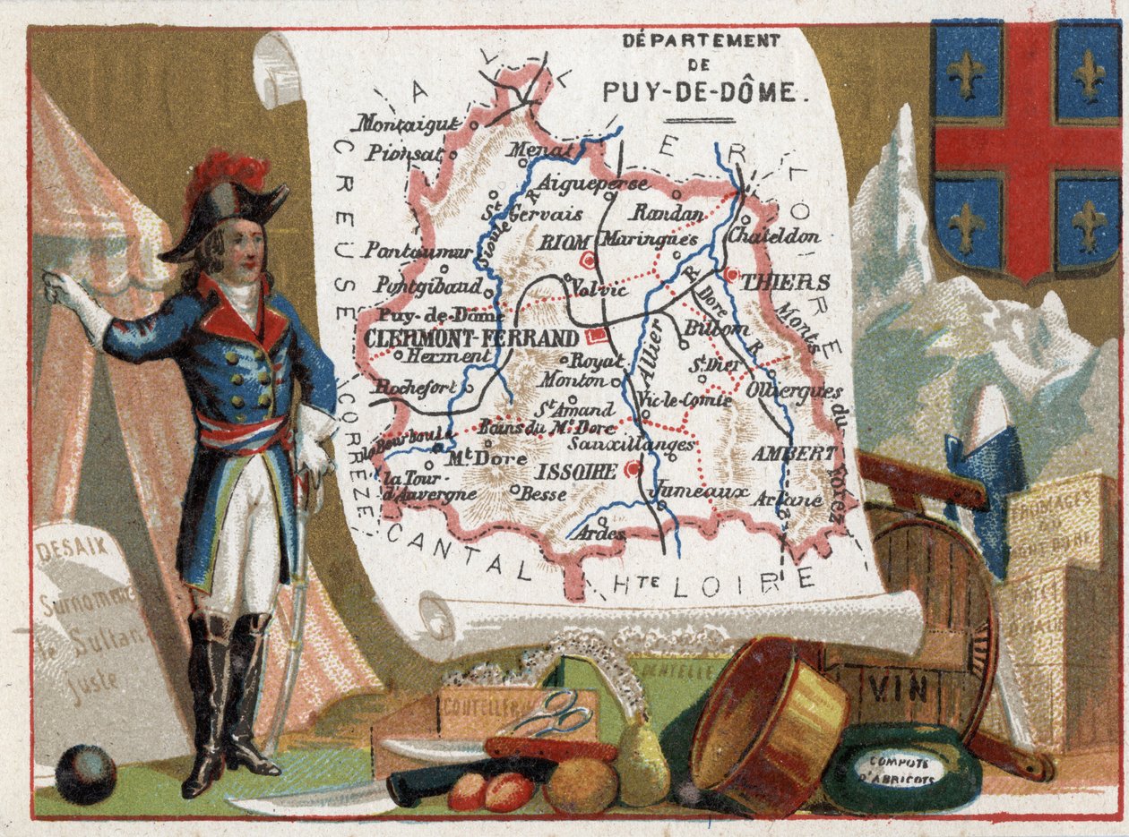 Le Puy Du Dome (Puy-Du-Dome, 63), Owernia, Francja. Portret Louis Charles Antoine Desaix (1768-1800), sztućce, wino, kompot morelowy. Seria o francuskich departamentach. Chromolitografia (Chromo) „”nić geograficzna””, ok. 1920 r. Zbiory prywatne autorstwa French School