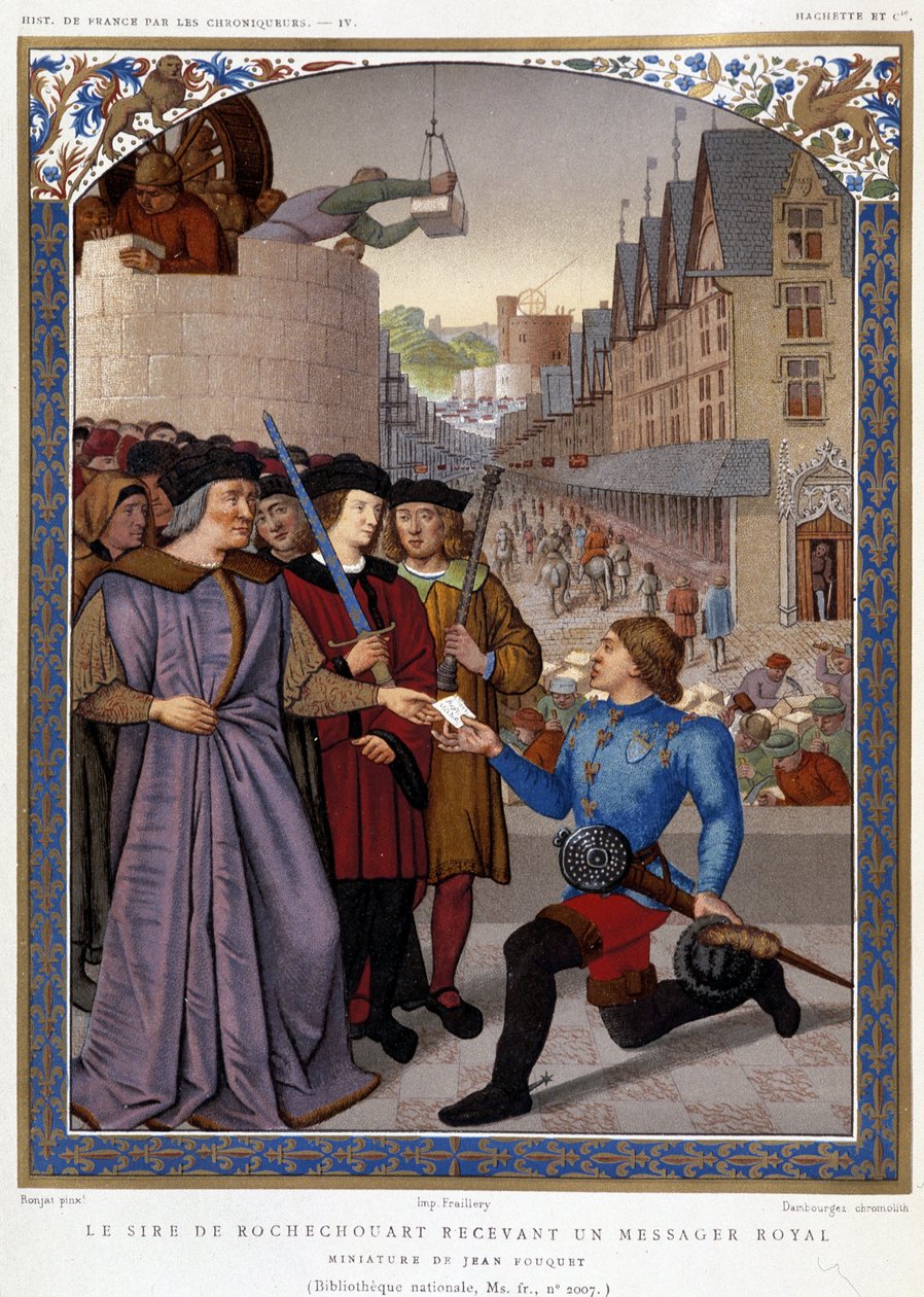 Lord Rochechouart przyjmuje królewskiego posłańca. za Fouquetem, w „Les Chroniqueurs de l’histoire de France od początków do XVI wieku” pani de Witt, Paryż autorstwa French School