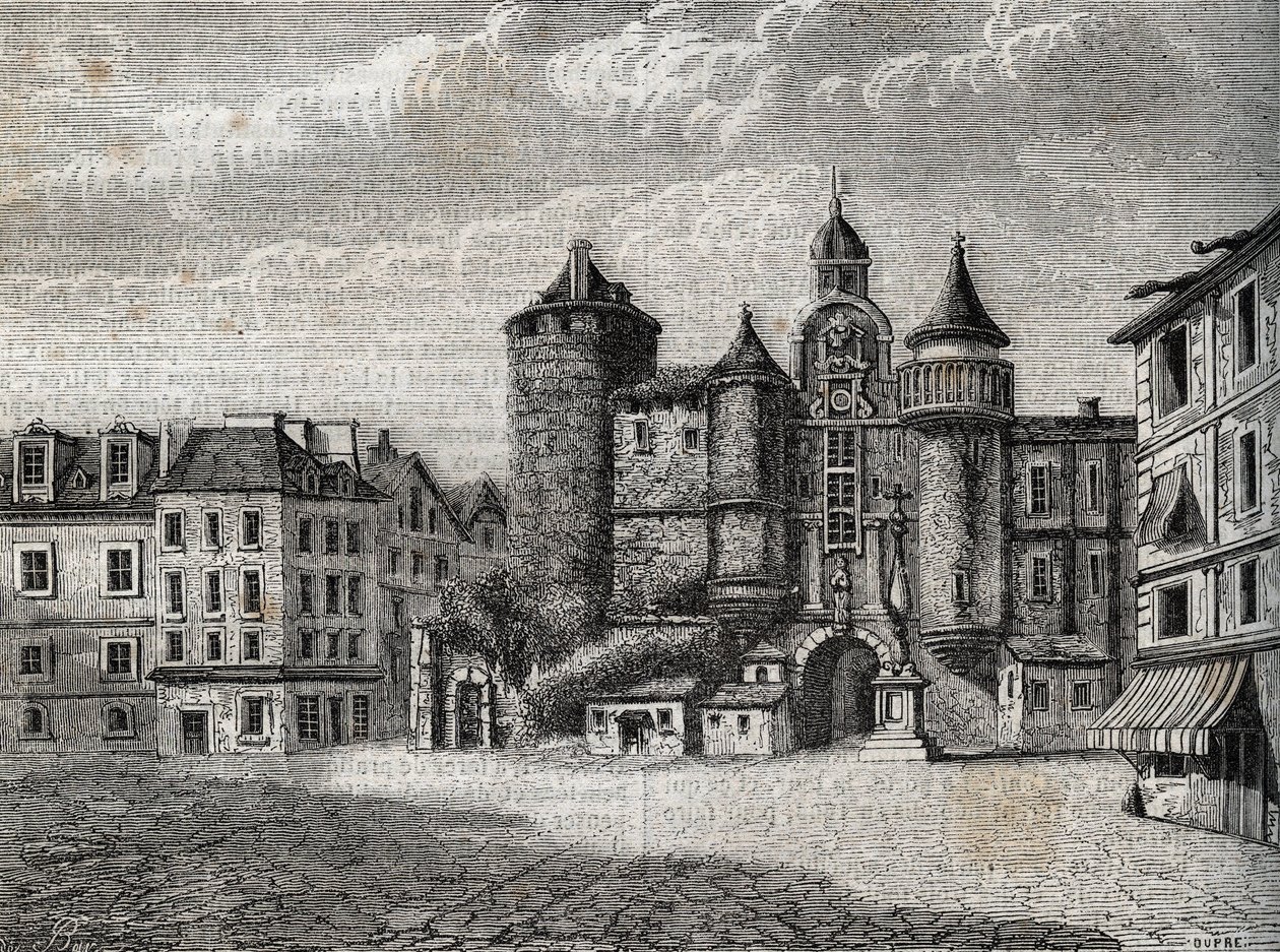 Le Vieux Paris - le Grand Chatelet - Grawerowanie w „”Fizycznej, obywatelskiej i moralnej historii Paryża: od najwcześniejszych czasów historycznych do współczesności” Jacques Antoine Dulaure autorstwa French School