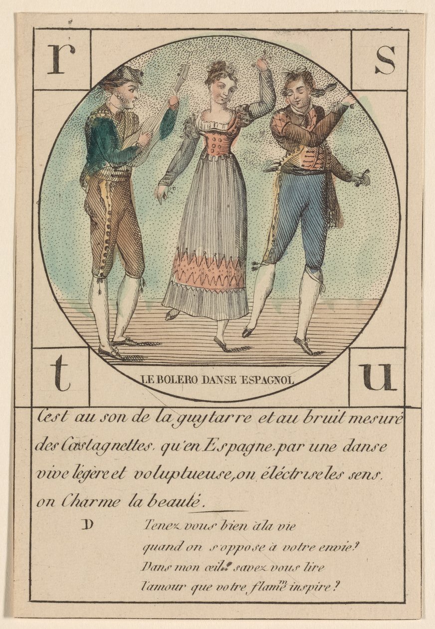 „Bolero, taniec hiszpański” z serii kart z alfabetem, ok. 1810-19 autorstwa French School