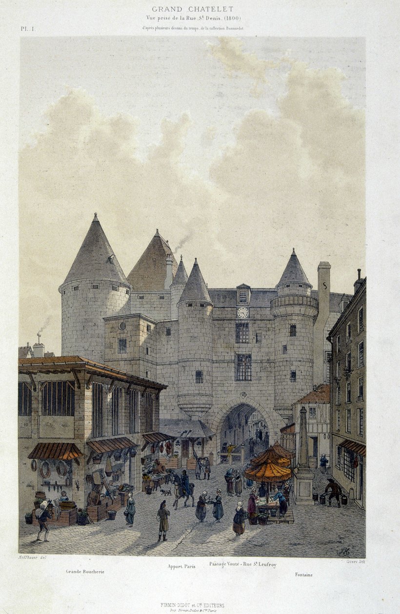 Le grand Chatelet przy rue St Denis w 1800 r. - w „Paryżu na przestrzeni wieków: świątynia i rue Royale”, koniec XIX wieku autorstwa French School