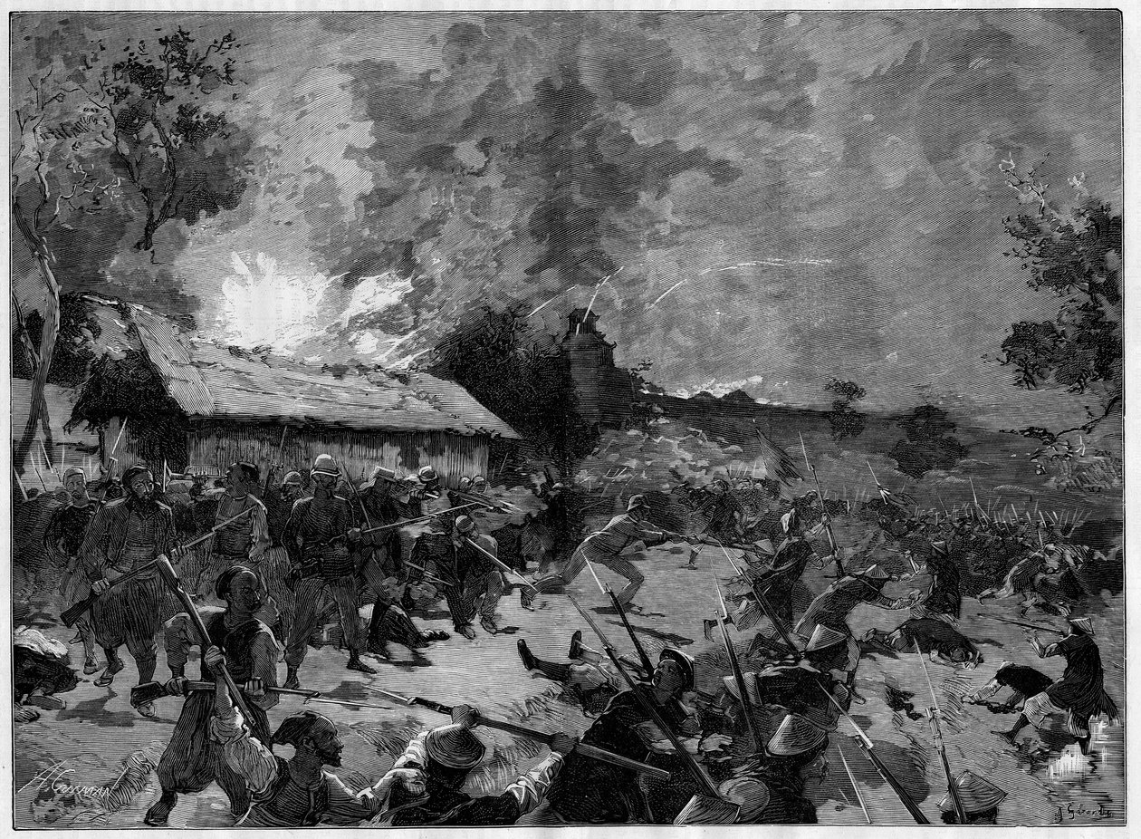 Zasadzka (guet apens) w Hue, 4-5 lipca 1885 r.: atak armii tonkijskiej (Wietnam) na francuskie oddziały generała de Courcy. Grawerowanie w ""Wspaniałym Świecie"" autorstwa French School