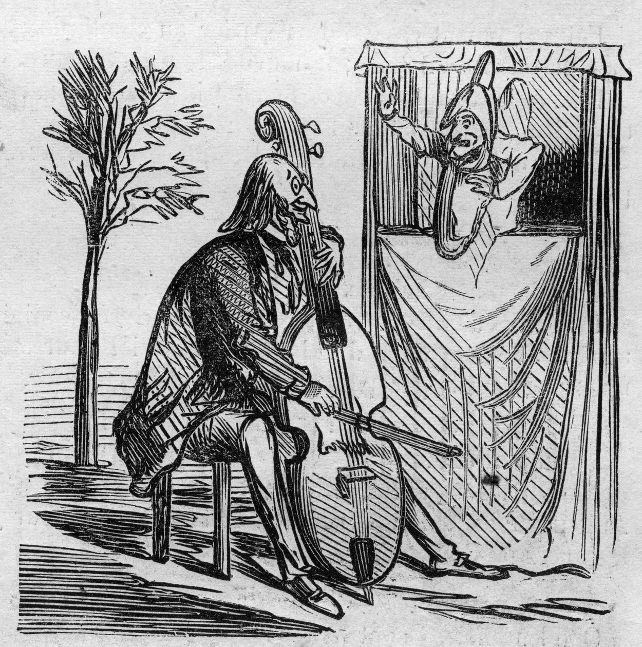 Maestro Offenbach zmonopolizował swoją muzyką wszystkie teatry Paryża. Niemiecki naturalizowany francuski kompozytor Jacques Offenbach (1819-1880) grający na wiolonczeli. Kreskówka Cham. Grawer w „Le Monde Illustre” nr 499 z 3 listopada 1866 r. autorstwa French School