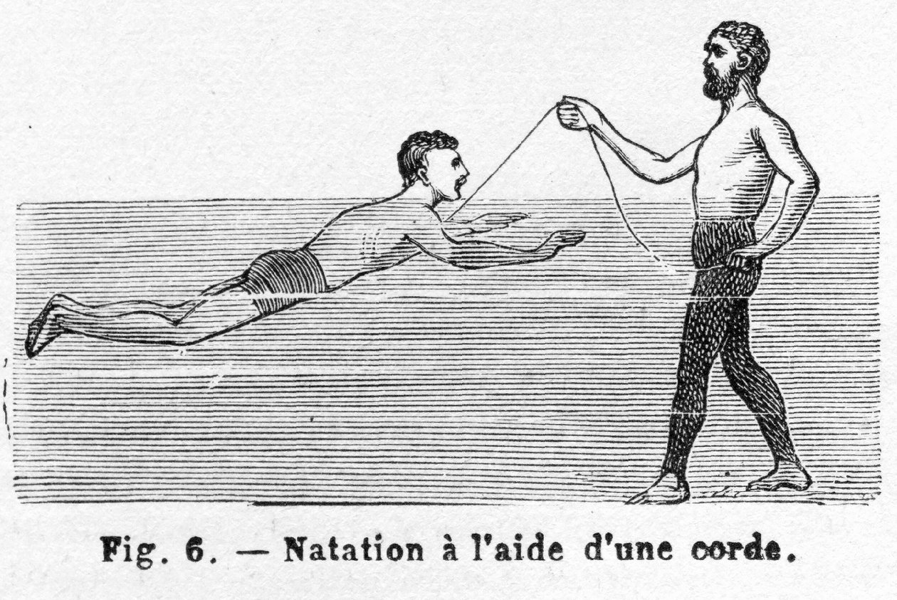 Nauka pływania na sznurku, pub. 1885 grawerowanie, 1885. autorstwa French School