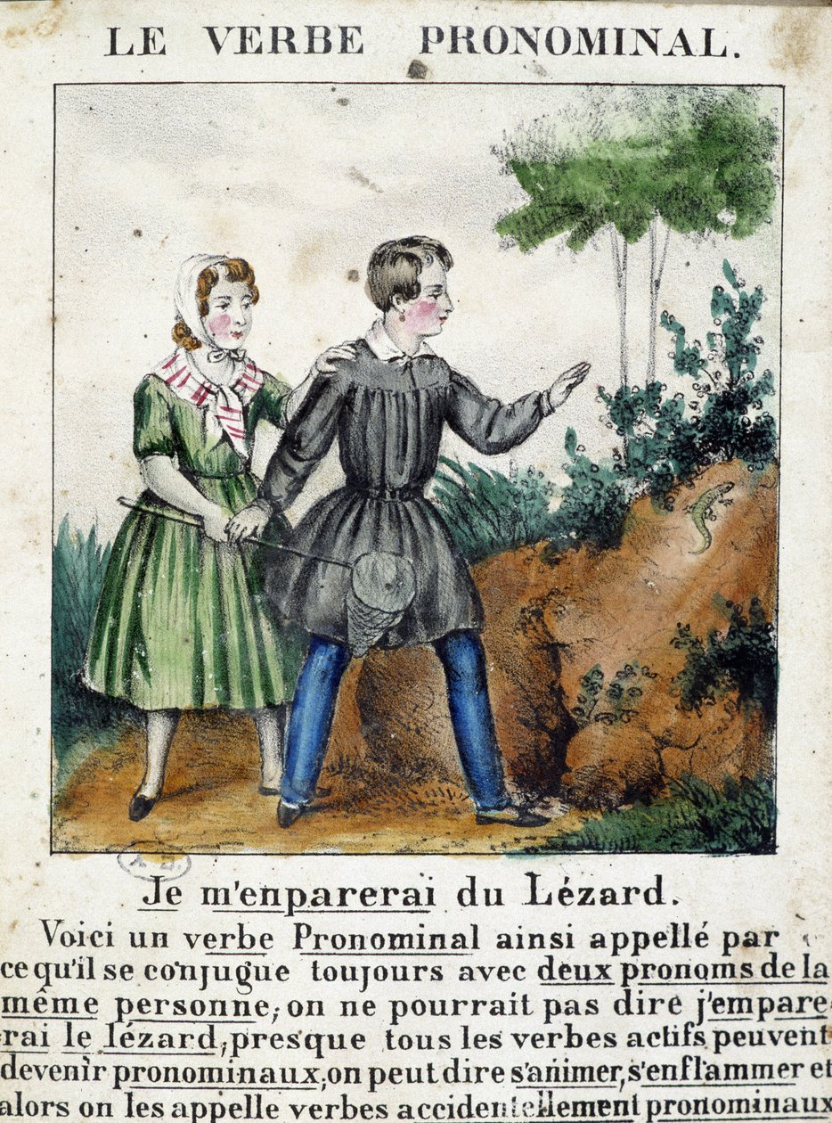 Lekcja czasowników zaimkowych. W „”La grammar en images””, album na ulotkę, ok. 1850 r. autorstwa French School