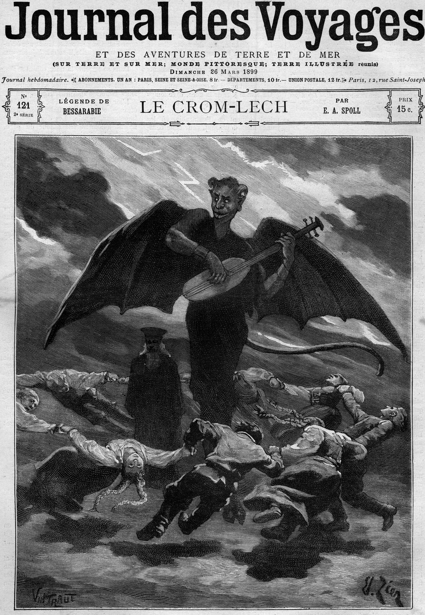 Legenda Besarabii (Europa Wschodnia): Crom Lech (Crom-Lech). Szatan, grając na bałałajce, szkoli tancerzy do niekończącej się rundy. Rycina w „Journal des Voyages” z dnia 26 marca 1899 r. autorstwa French School
